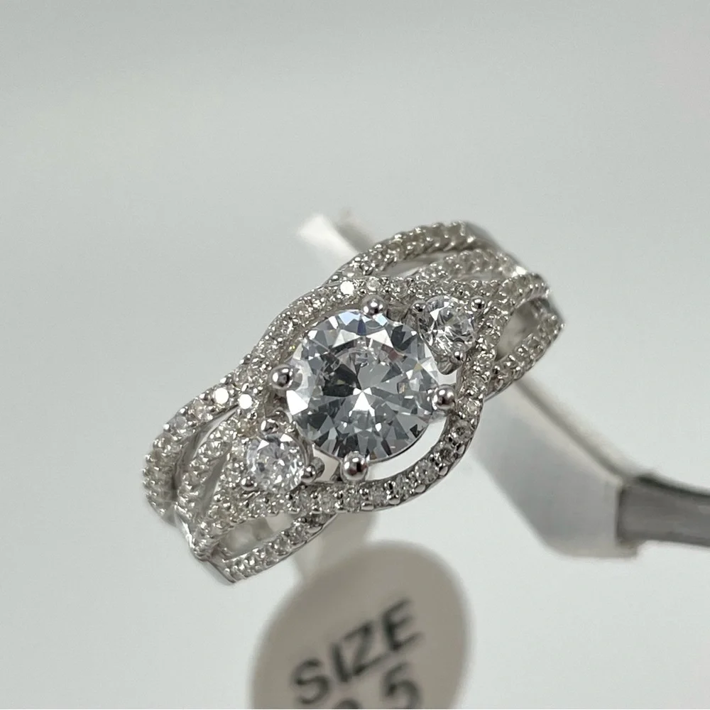 White 5A CZ Solid Silver 2 Piece Wedding Bridal Ring Set Sz 8.5
